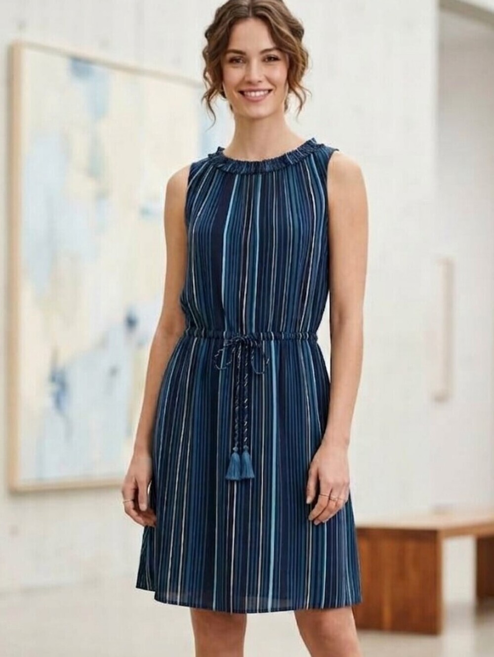 JOE FRESH Sleeveless, Tassle Cinched Waist, Ruffle Neckline Dress, Size Small